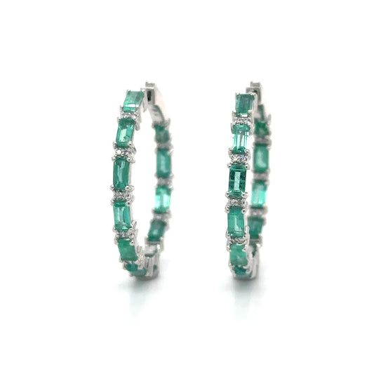 14k White Gold Emerald and Diamond Hoop Earring