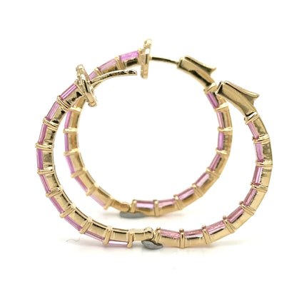 14k Yellow Gold Pink Sapphire and Diamonds Hoop Earing