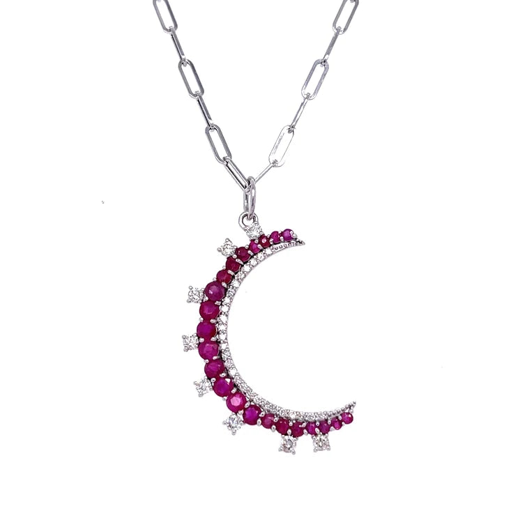 14kt White Gold Ruby Moon Pendent With Diamonds
