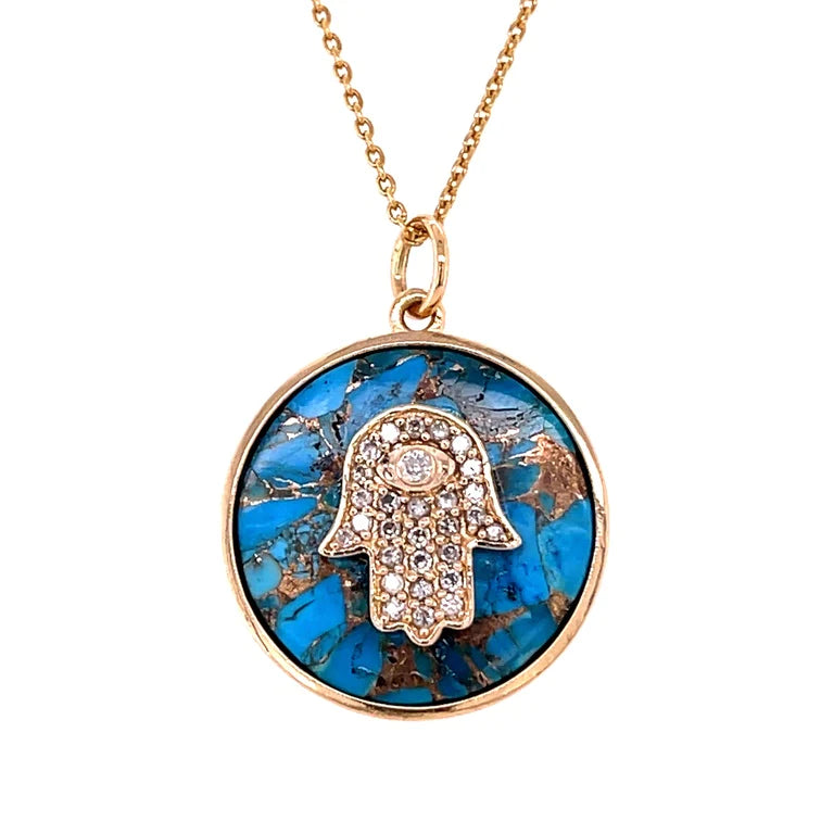 14kt Yellow Gold Mohave Turquoise Hamsa Pendent With Diamonds