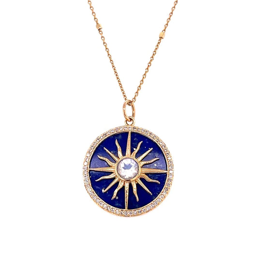 14kt Yellow Gold Lapis and Rainbow Moon Stone With Diamonds Pendent
