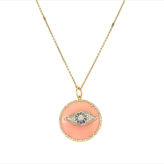 14kt Yellow Gold Pink Opal Evil Eye Pendent With Diamonds