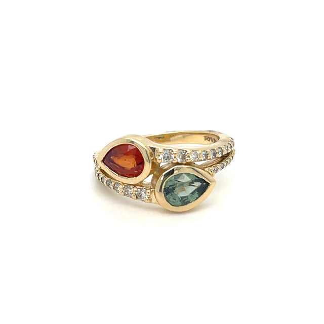14k Yellow Gold Multi Color Sapphire Diamond Ring
