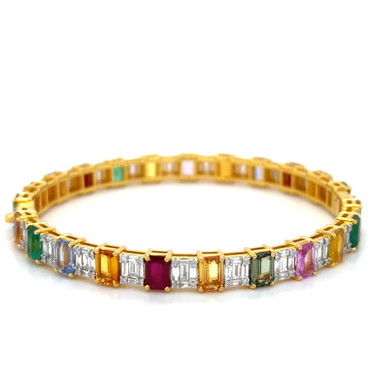 18k Yellow Gold Emerald, Ruby, Multi Sapphire and Diamonds Bangle