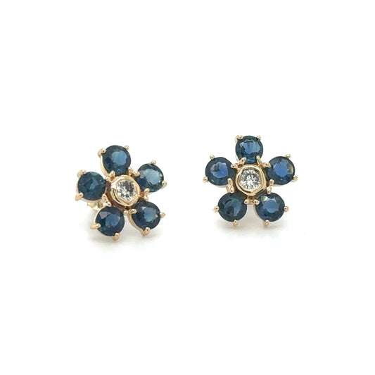 14KT YELLOW GOLD FLOWER EARRING WITH SAPPHIRE AND DIAMONDS