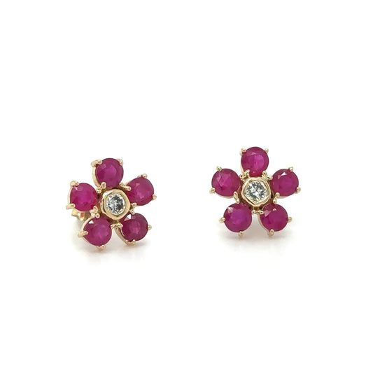 14kt Yellow Gold Flower Earring With Ruby and Diamonds