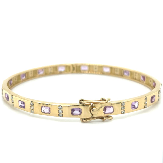 18k Yellow Gold Pink Sapphire and Diamonds Bangle