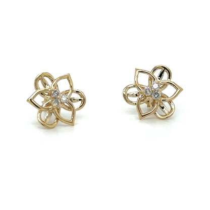 Yellow Gold Flower Earring With Diamonds