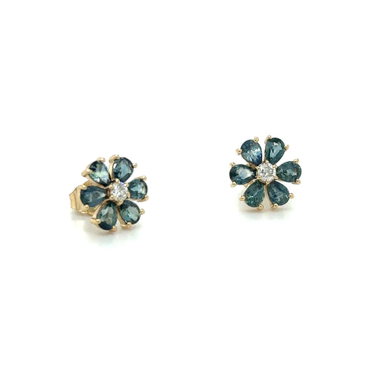 14kt Yellow Gold Flower Earring With Sapphire and Diamonds