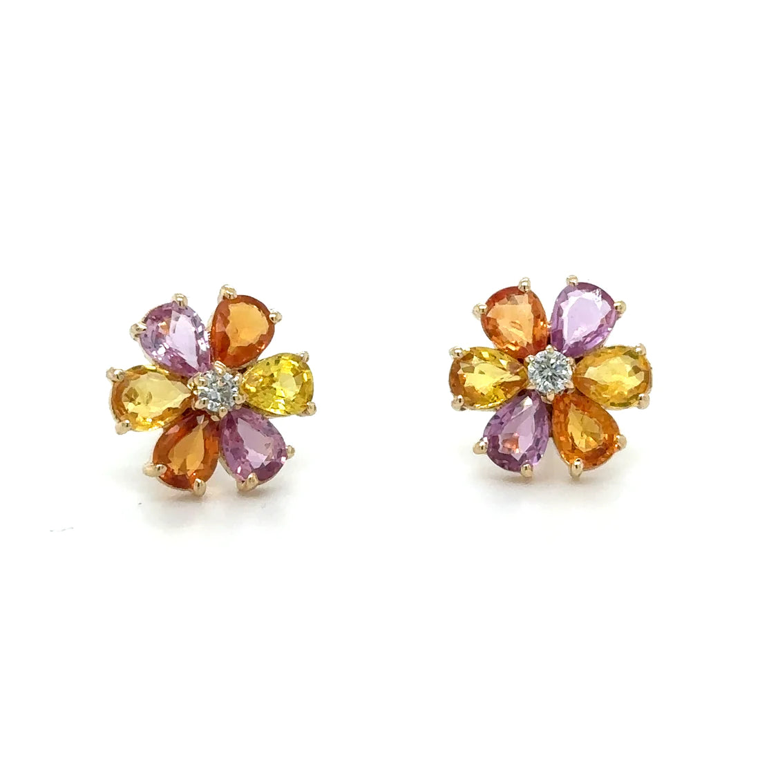 14k Yellow Gold Flower Earring With Multi Sapphire and Diamonds