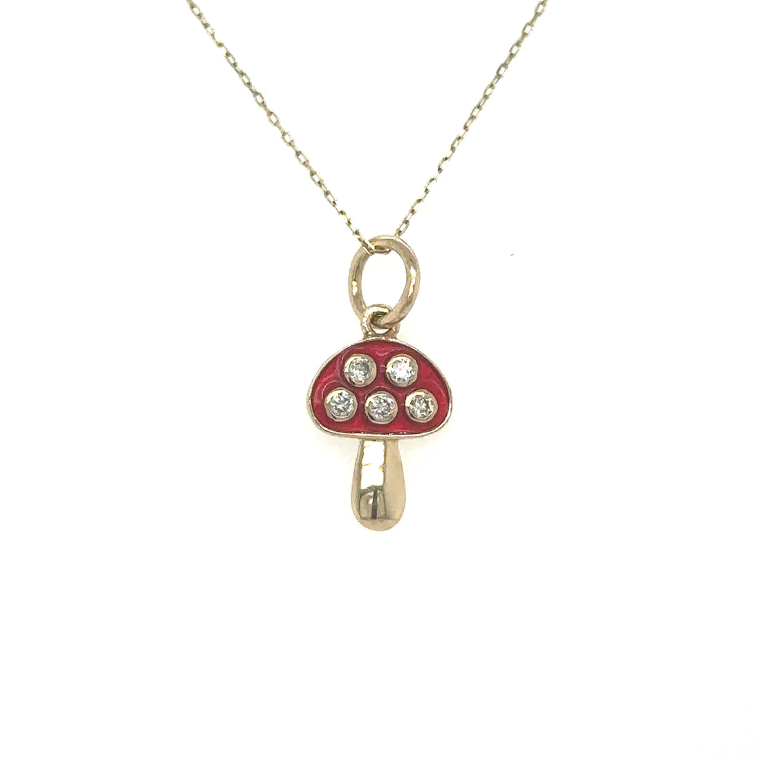 Yellow Gold Mushroom Pendant With Red Enamel and Diamonds