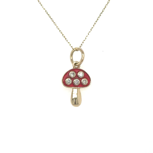 Yellow Gold Mushroom Pendant With Red Enamel and Diamonds