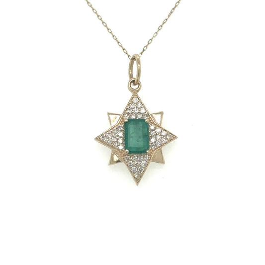 Yellow Gold Star Pendant With Emerald and Diamonds