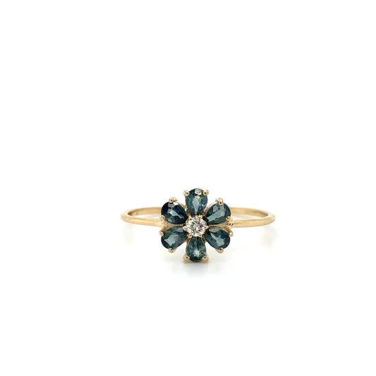 14k Flower Ring With Sapphire and Diamonds