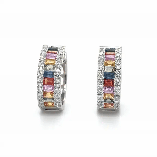 14k White Gold Multi Sapphire and Diamonds Earring