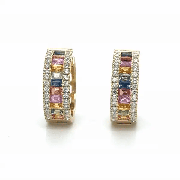 14k Yellow Gold Multi Sapphire and Diamonds Earring
