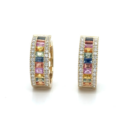 14k Yellow Gold Multi Sapphire and Diamonds Earring