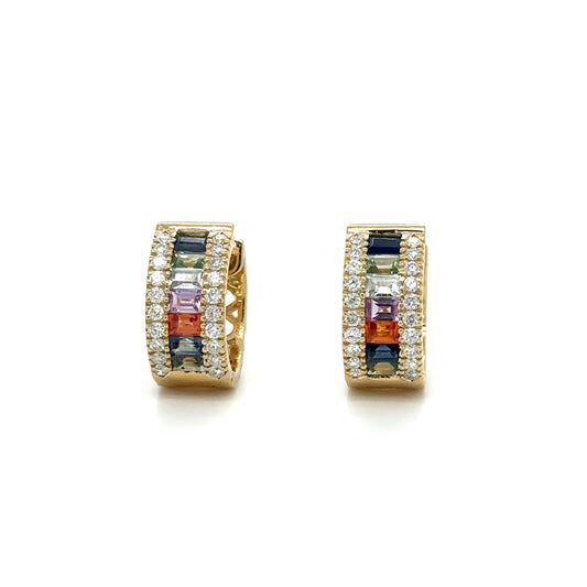 14k Yellow Gold Multi Sapphire and Diamonds Earring