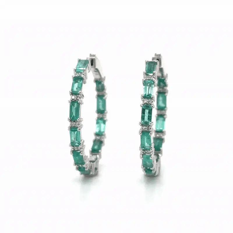 14k White Gold Emerald and Diamond Hoop Earring