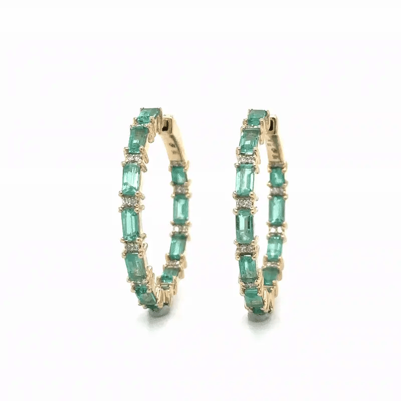 14k Yellow Gold Emerald and Diamond Hoop Earring