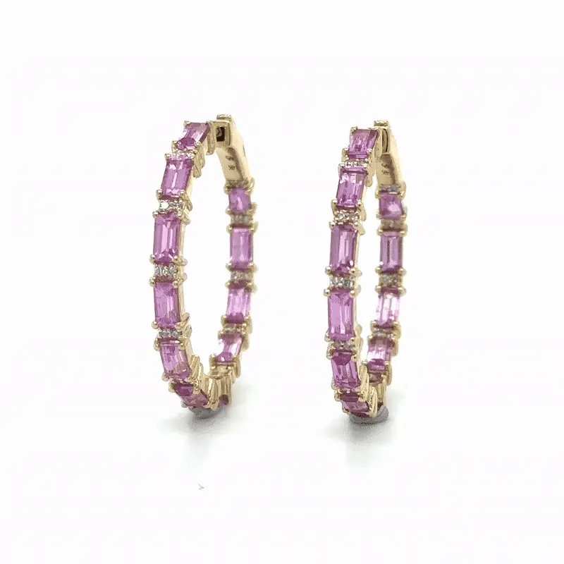 14k Yellow Gold Pink Sapphire and Diamond Hoop Earring