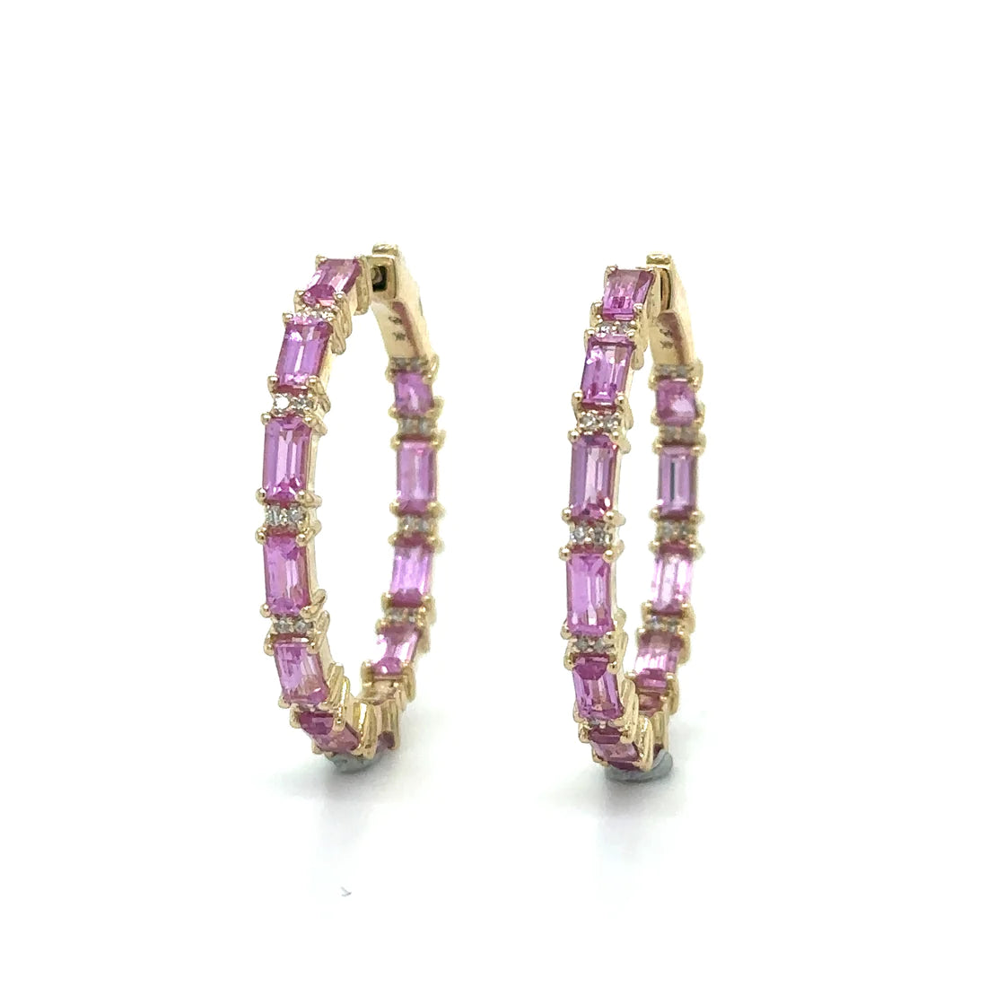 14k Yellow Gold Pink Sapphire and Diamond Hoop Earring