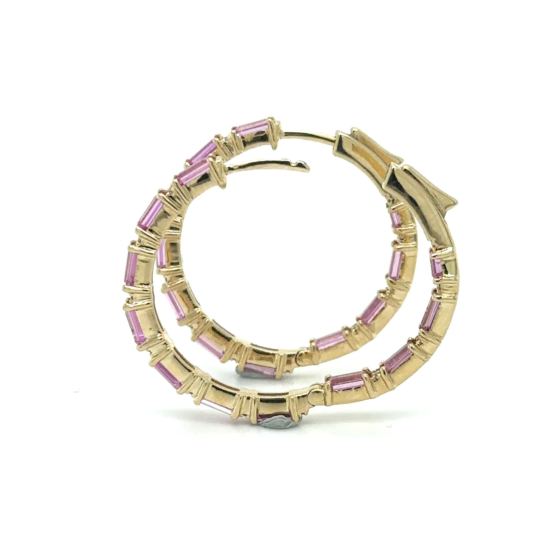 14k Yellow Gold Pink Sapphire and Diamond Hoop Earring