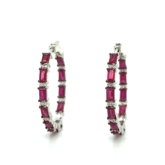 18k White Gold Ruby and Diamond Hoop Earring