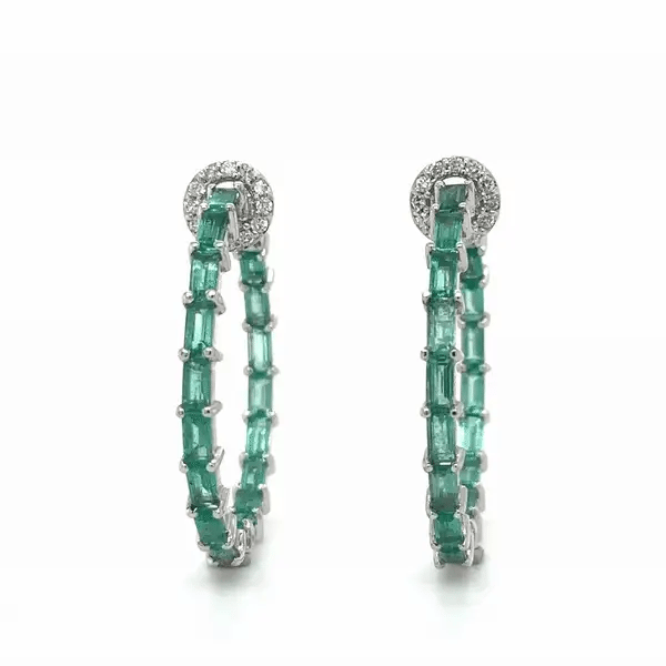 14k White Gold Emerald and Diamonds Hoop Earing