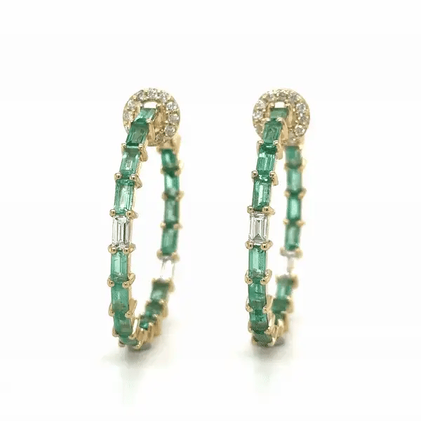 14k Yellow Gold Emerald and Diamonds Hoop Earing