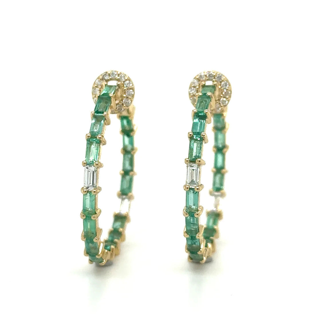 14k Yellow Gold Emerald and Diamonds Hoop Earing