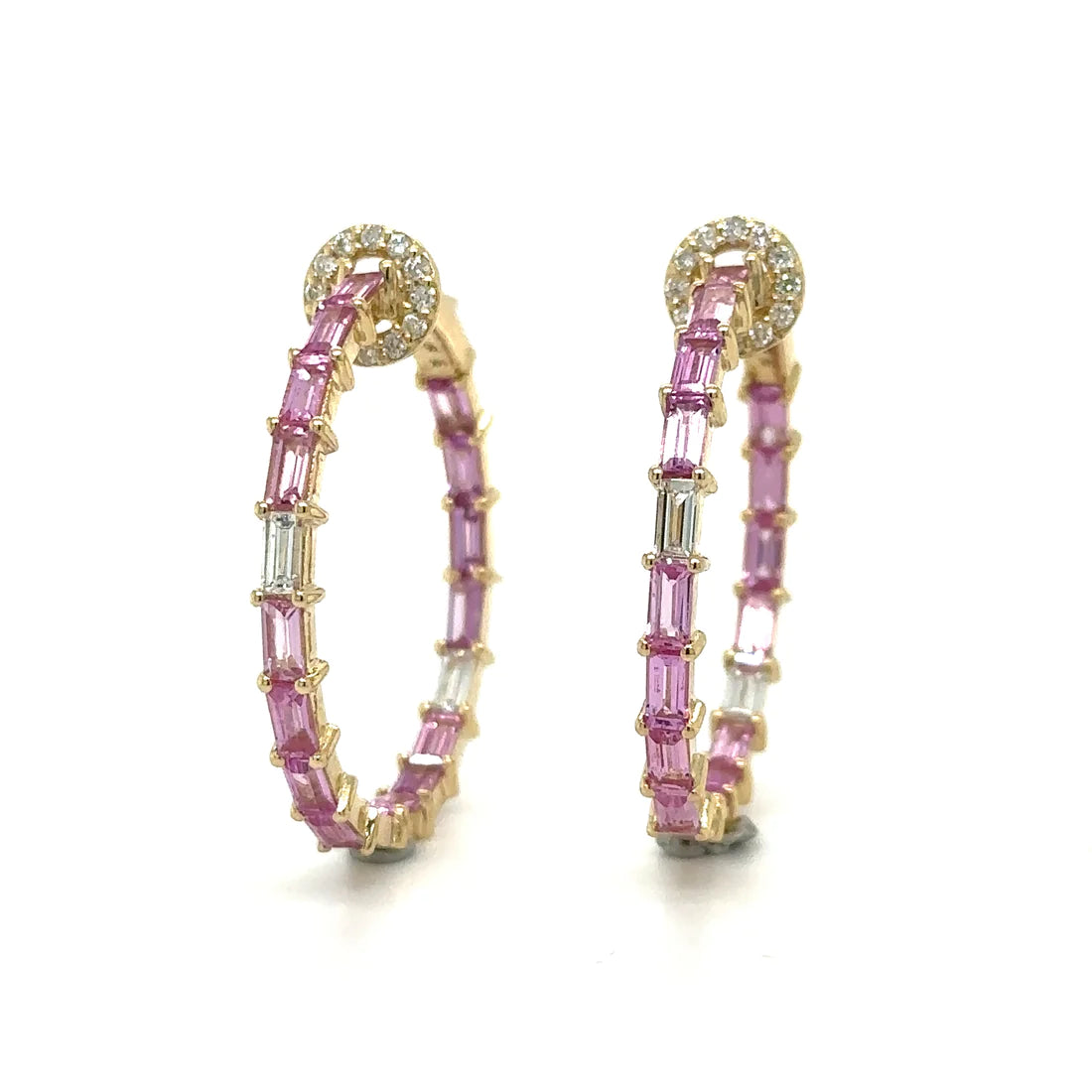 14k Yellow Gold Pink Sapphire and Diamonds Hoop Earing