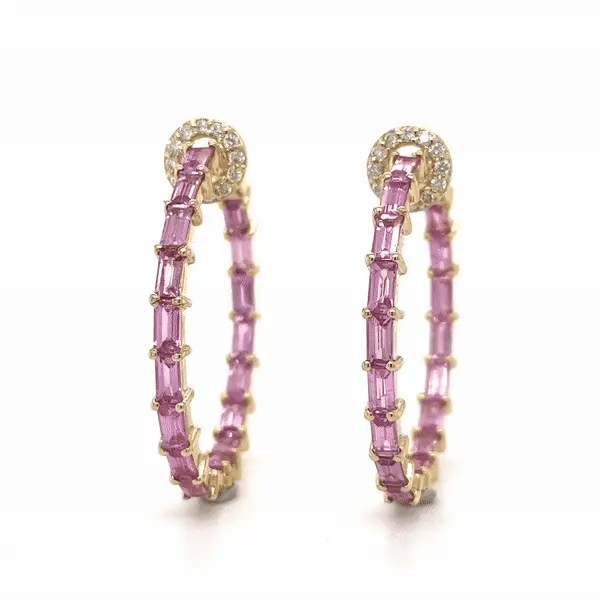 14k Yellow Gold Pink Sapphire and Diamonds Hoop Earing