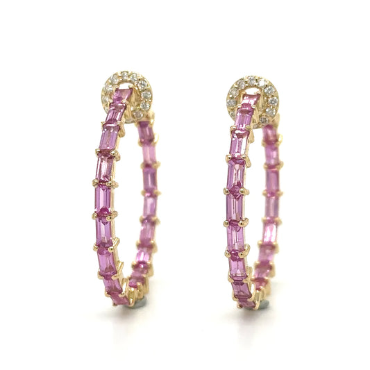 14k Yellow Gold Pink Sapphire and Diamonds Hoop Earing