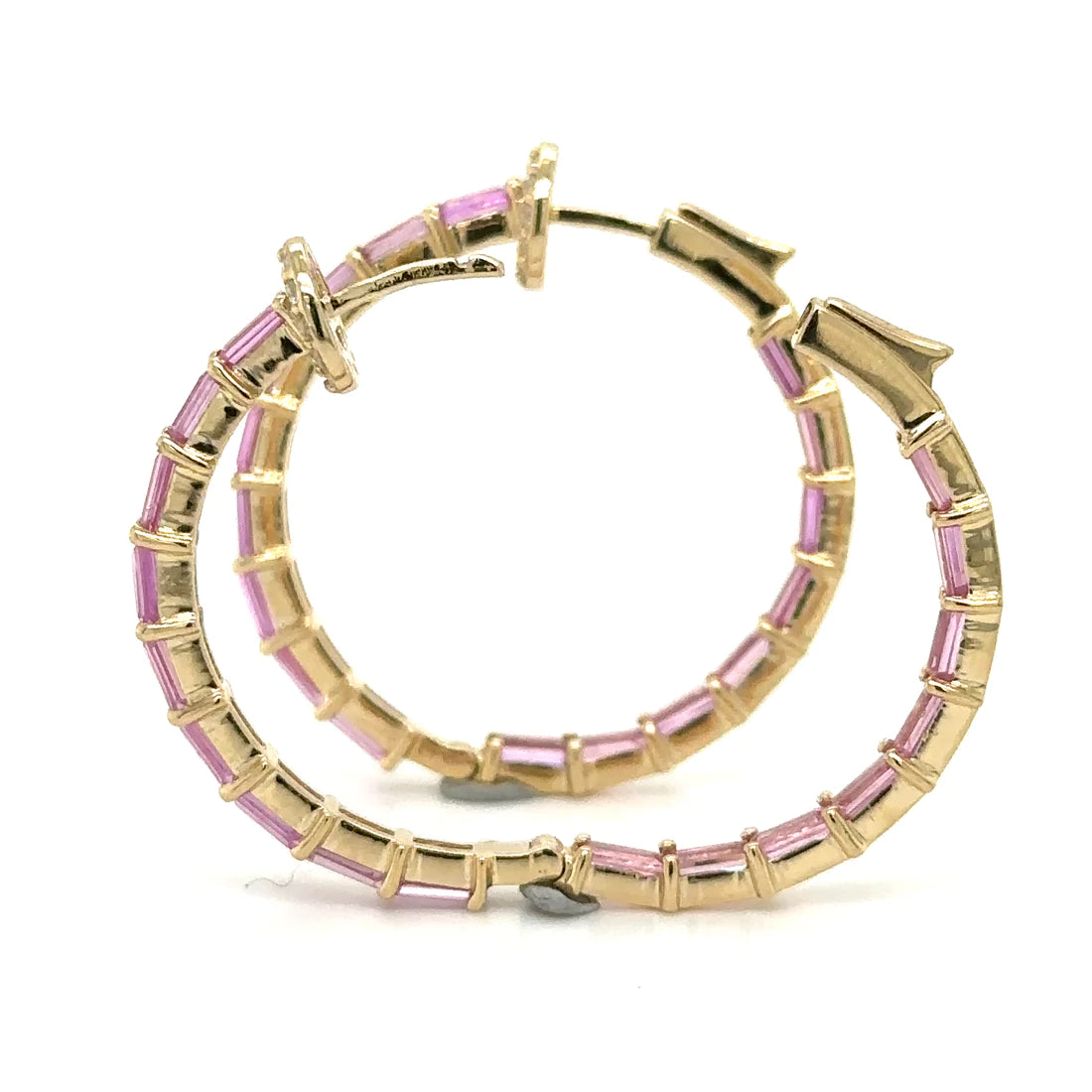 14k Yellow Gold Pink Sapphire and Diamonds Hoop Earing