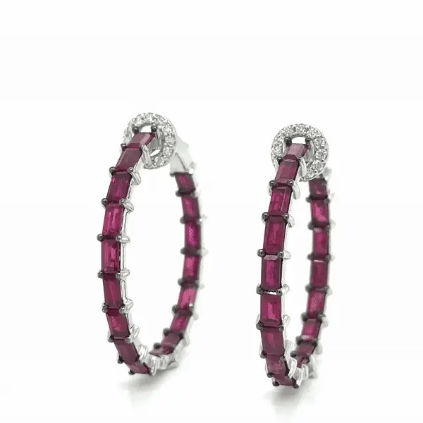 18k White Gold Ruby and Diamond Hoop Earring