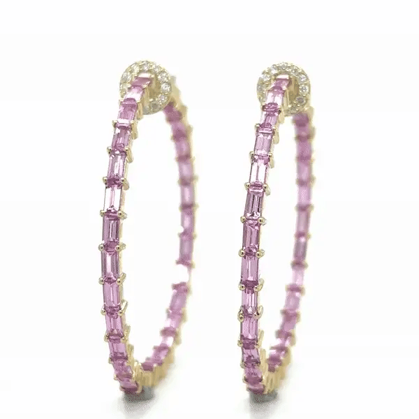 14k Yellow Gold Pink Sapphire and Diamonds Hoop Earing