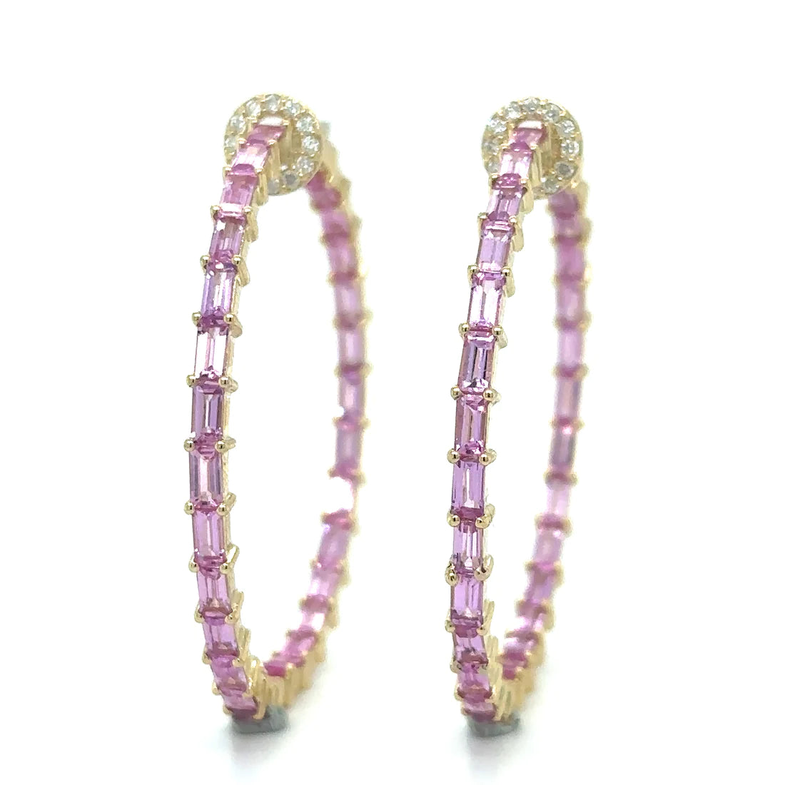14k Yellow Gold Pink Sapphire and Diamonds Hoop Earing