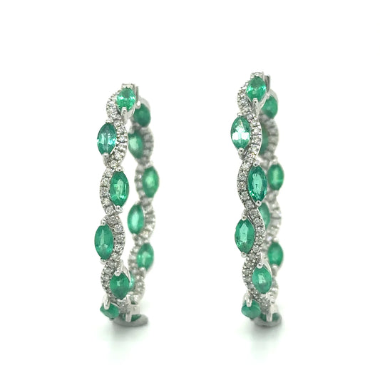 18k White Gold Emerald and Diamond Hoop Earring