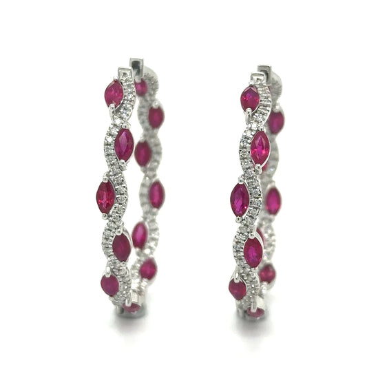 18k White Gold Ruby and Diamond Hoop Earring