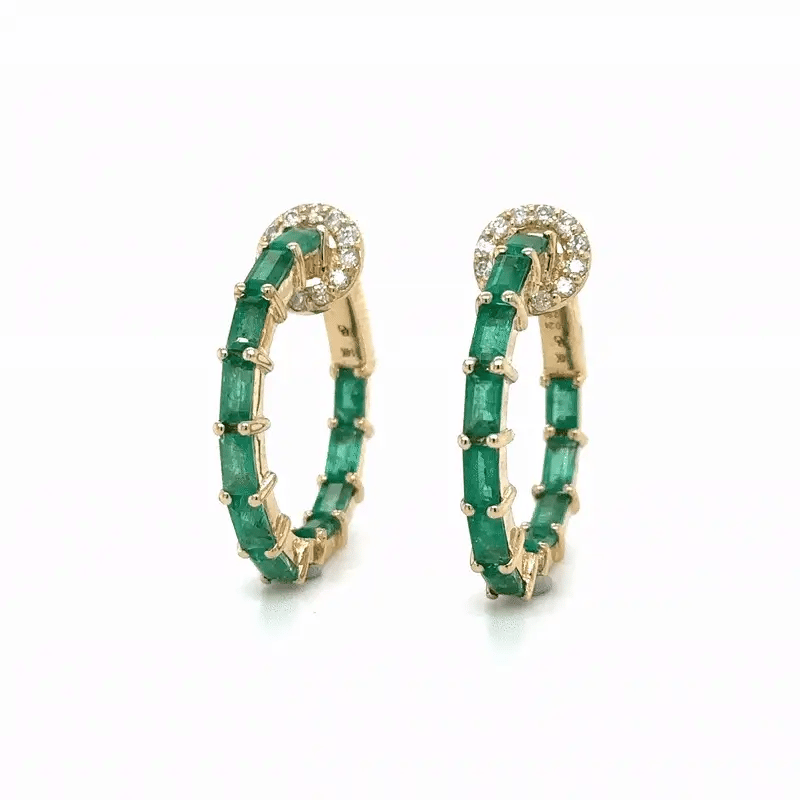 14k Yellow Gold Emerald and Diamonds Hoop Earing