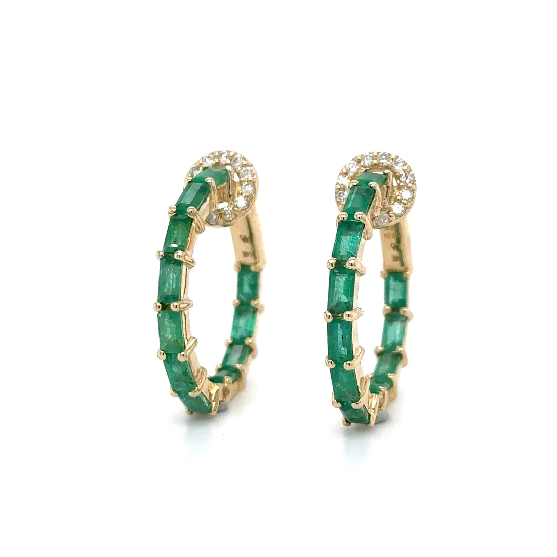 14k Yellow Gold Emerald and Diamonds Hoop Earing