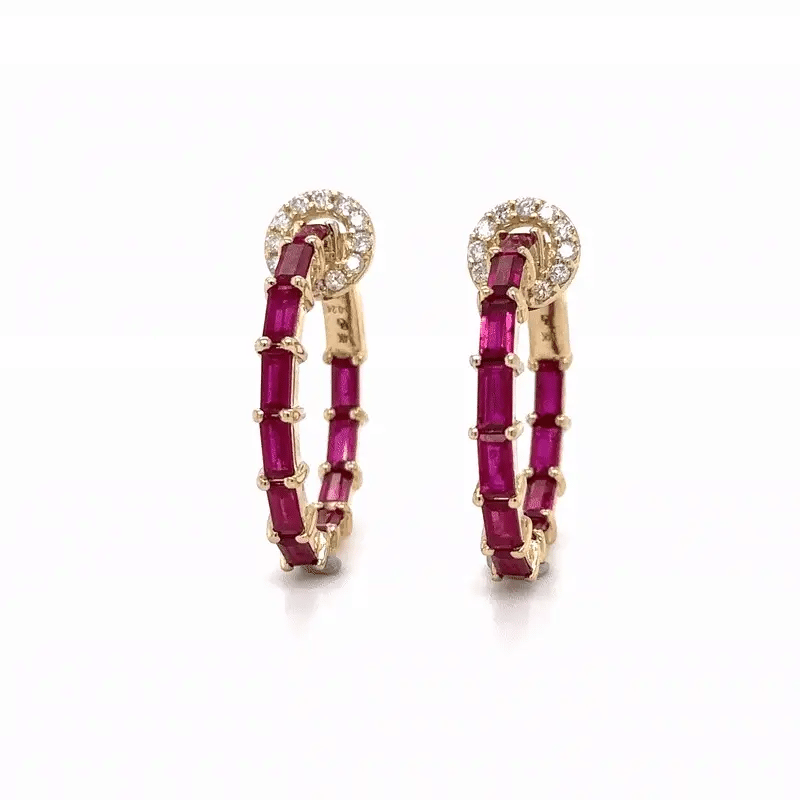 14k Yellow Gold Ruby and Diamonds Hoop Earing