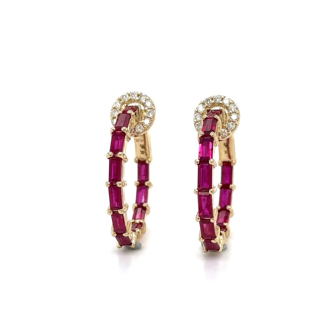 14k Yellow Gold Ruby and Diamonds Hoop Earing