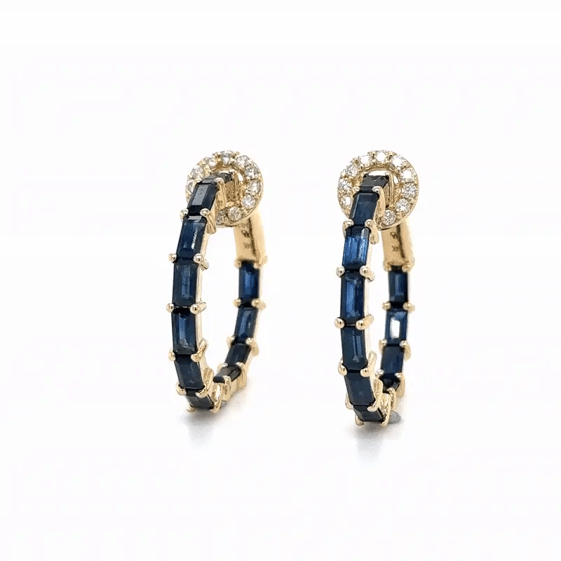 14k Yellow Gold Sapphire and Diamonds Hoop Earing