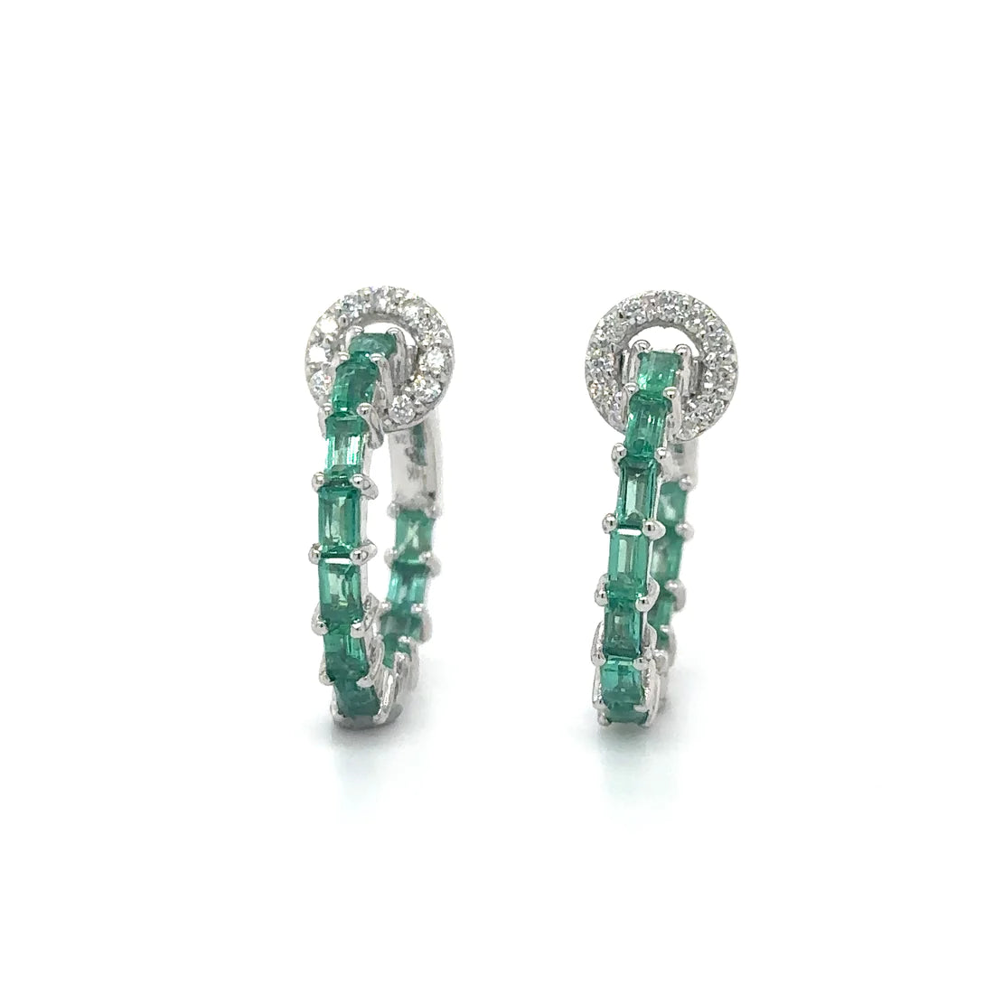 14k White Gold Emerald and Diamonds Hoop Earing