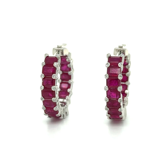 18k White Gold Ruby and Diamond Hoop Earring