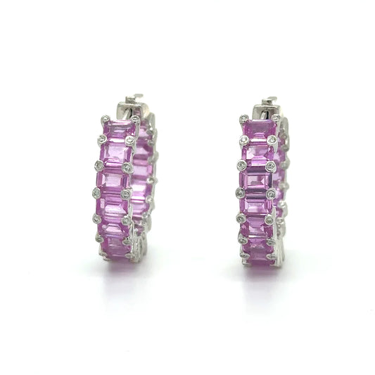 18k White Gold Pink Sapphire and Diamond Hoop Earring