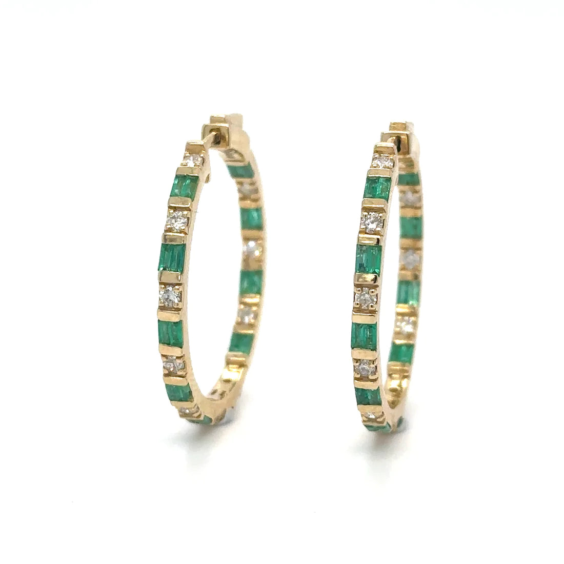 14k Yellow Gold Emerald and Diamond Hoop Earring