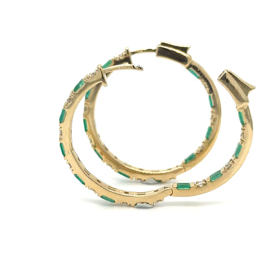 14k Yellow Gold Emerald and Diamond Hoop Earring